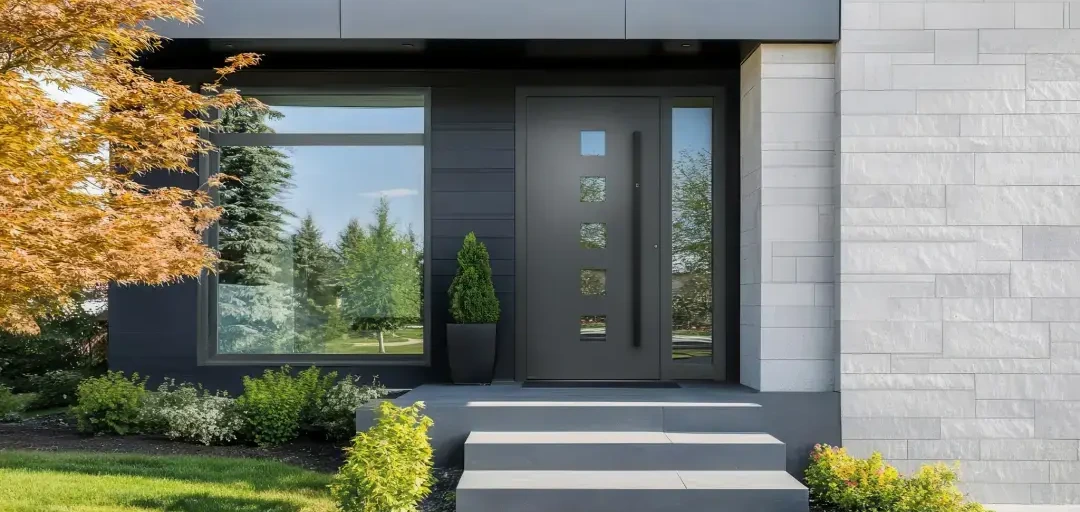 Moderner Hauseingang mit anthrazitfarbener Haustür, Glasfenster, Garten